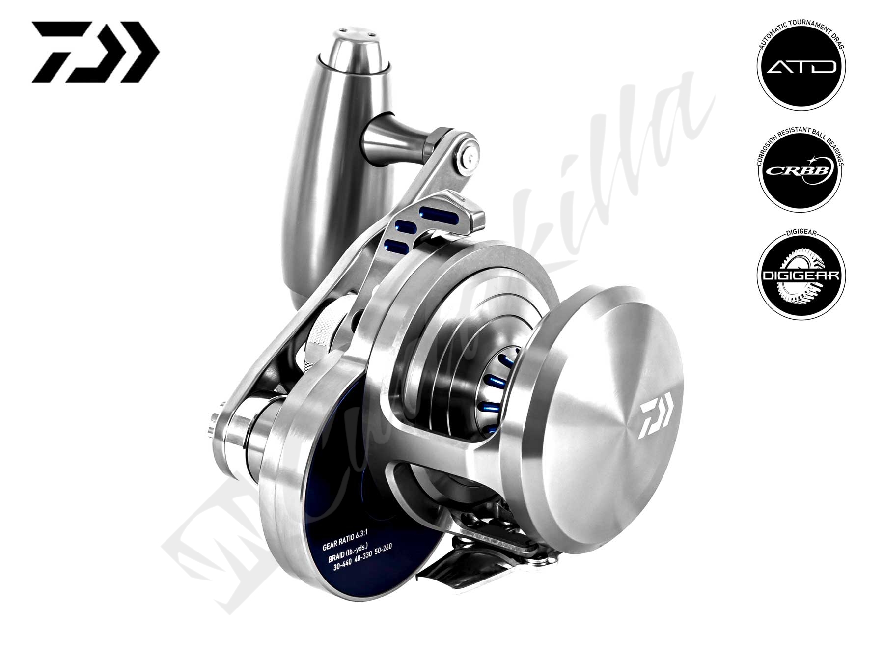 A close up on the Daiwa Saltiga Lever Drag Two Speed Reels 